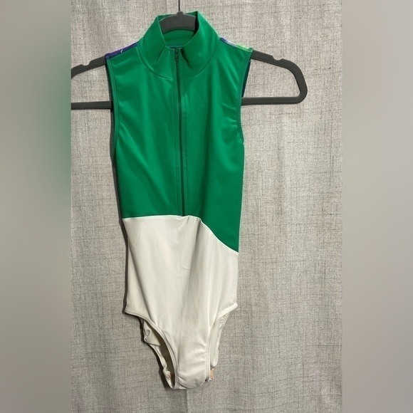 ELEVE green white & floral mesh back zip-front leotard ballet dance. PHOTOS. XS - Picture 5 of 7